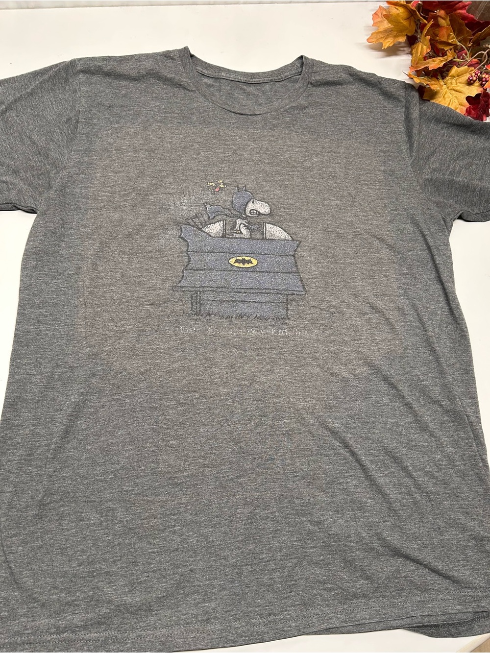 Men's Grey Short-Sleeve Graphic Tee with Batman Snoopy Design